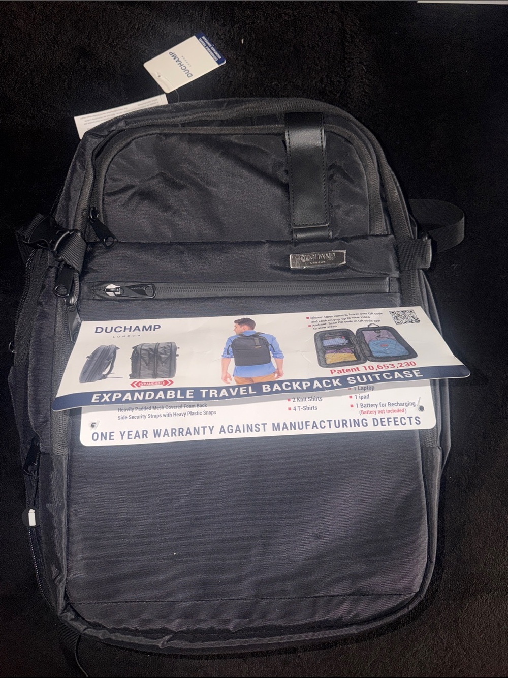 Duchamp Black Expandable Travel Backpack with Front Organizer